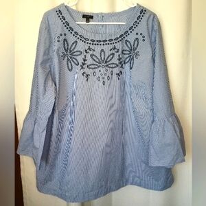 Talbots 2X Embroidered Peasant Top Bell Sleeve Blue Stripe Cottage Nautical